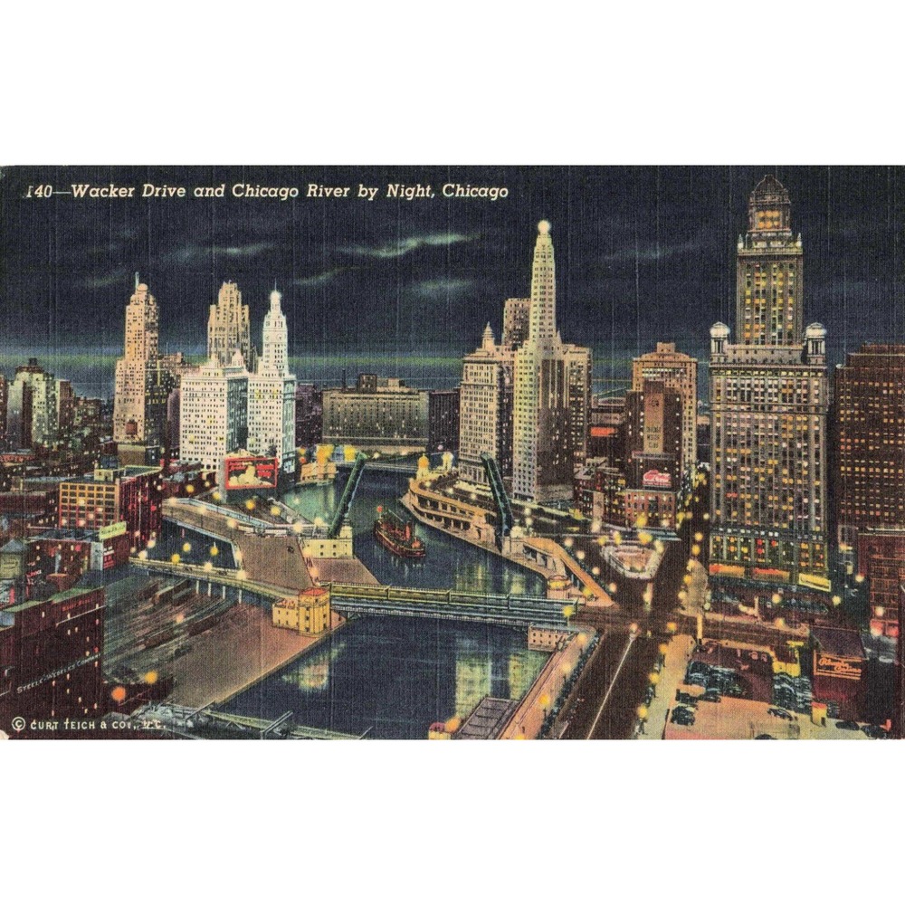 Vintage Wacker Drive and Chicago River by Night Linen Postcard 140 Curt Teich